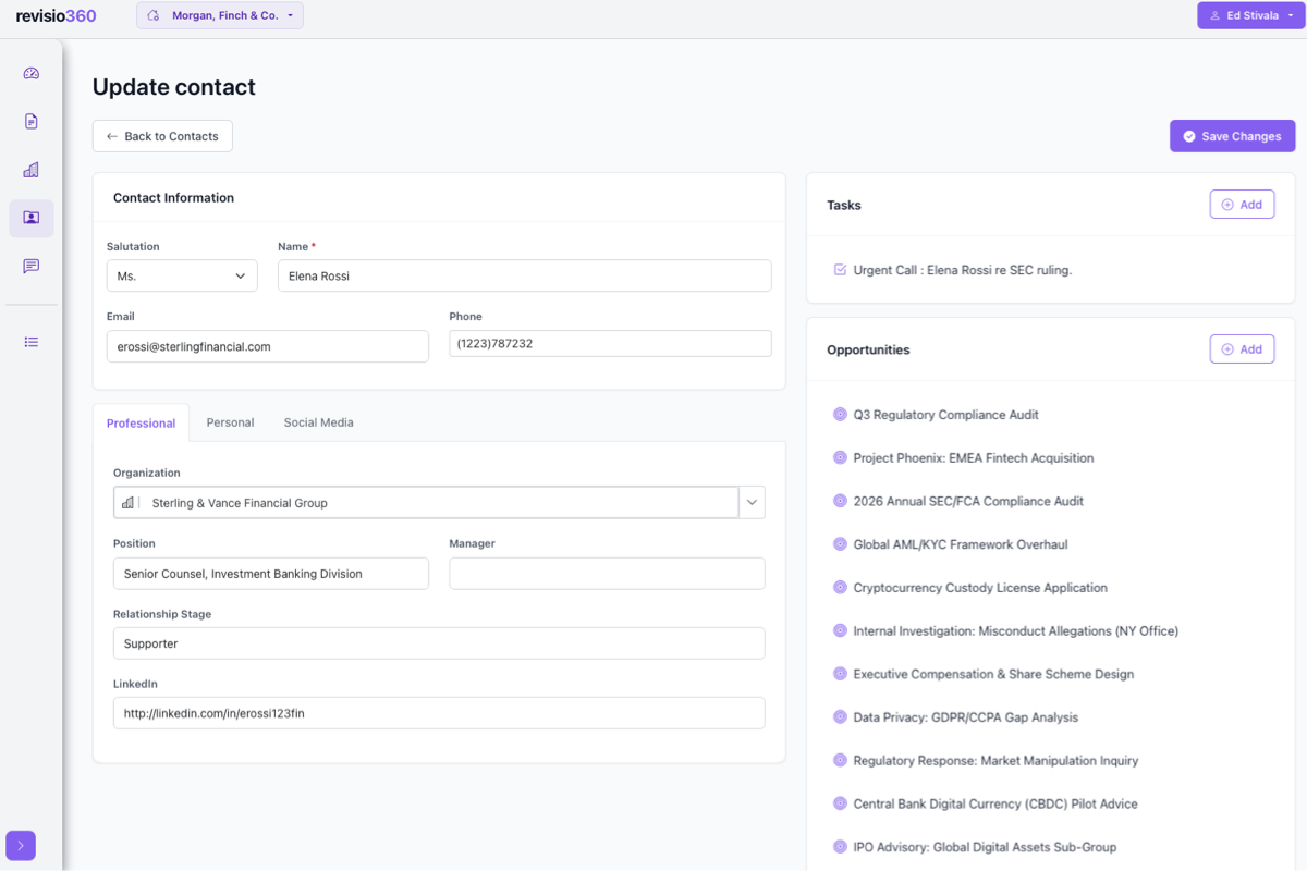 Revisio360 detail screen showing a client contact with associated actions and proposals under discussion